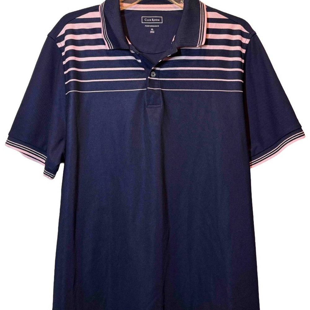 Club Room Performance Y2K Navy Golf Polo Shirt Pink Striped Men’s XL